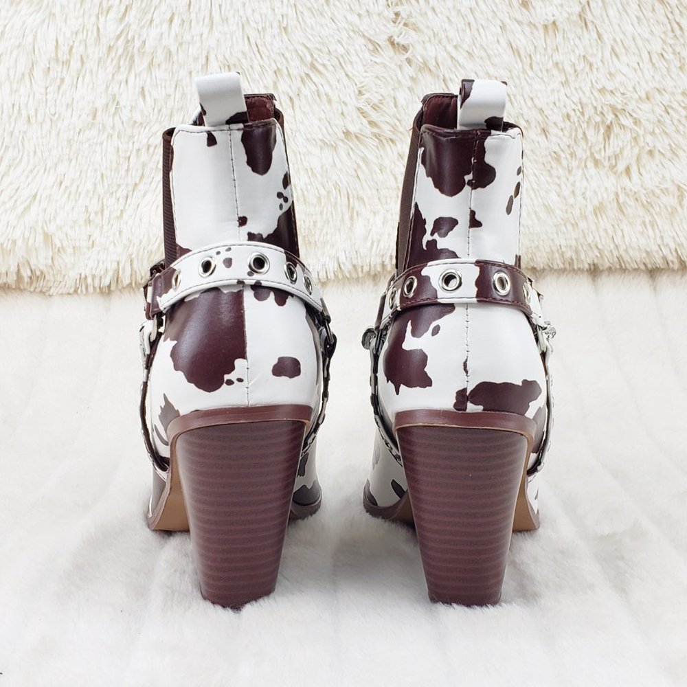 Demitri Brown White Cow Print Western Cowgirl Pull On Ankle Boot - Picture 8 of 13